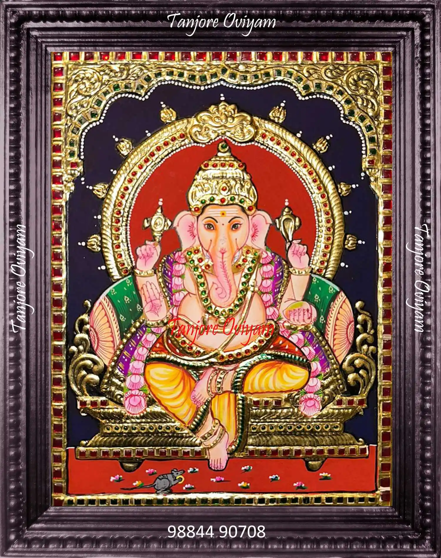Vinayagar Tanjore painting depicting Lord Ganesha seated with traditional gold foil work and classic Thanjavur painting detailing